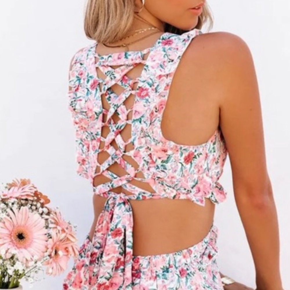 Cotton floral cutout dress with criss-cross back tie